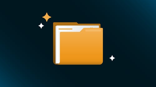 Illustration of an folder representing apps, set against a dark blue background with AI star icons.