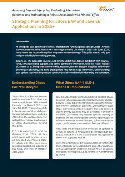 Brochure: Assessing Support Lifecycles, Evaluating Alternative
Runtimes and Maintaining a Robust Java Stack with Minimal Effort
Strategic Planning for JBoss EAP and Java EE
Applications in 2025+