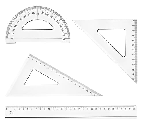 collection of plastic transparent rulers on white background. each one is in full cameras resolution