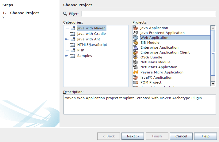 Project creation menu. Java With Maven -> Web Application
