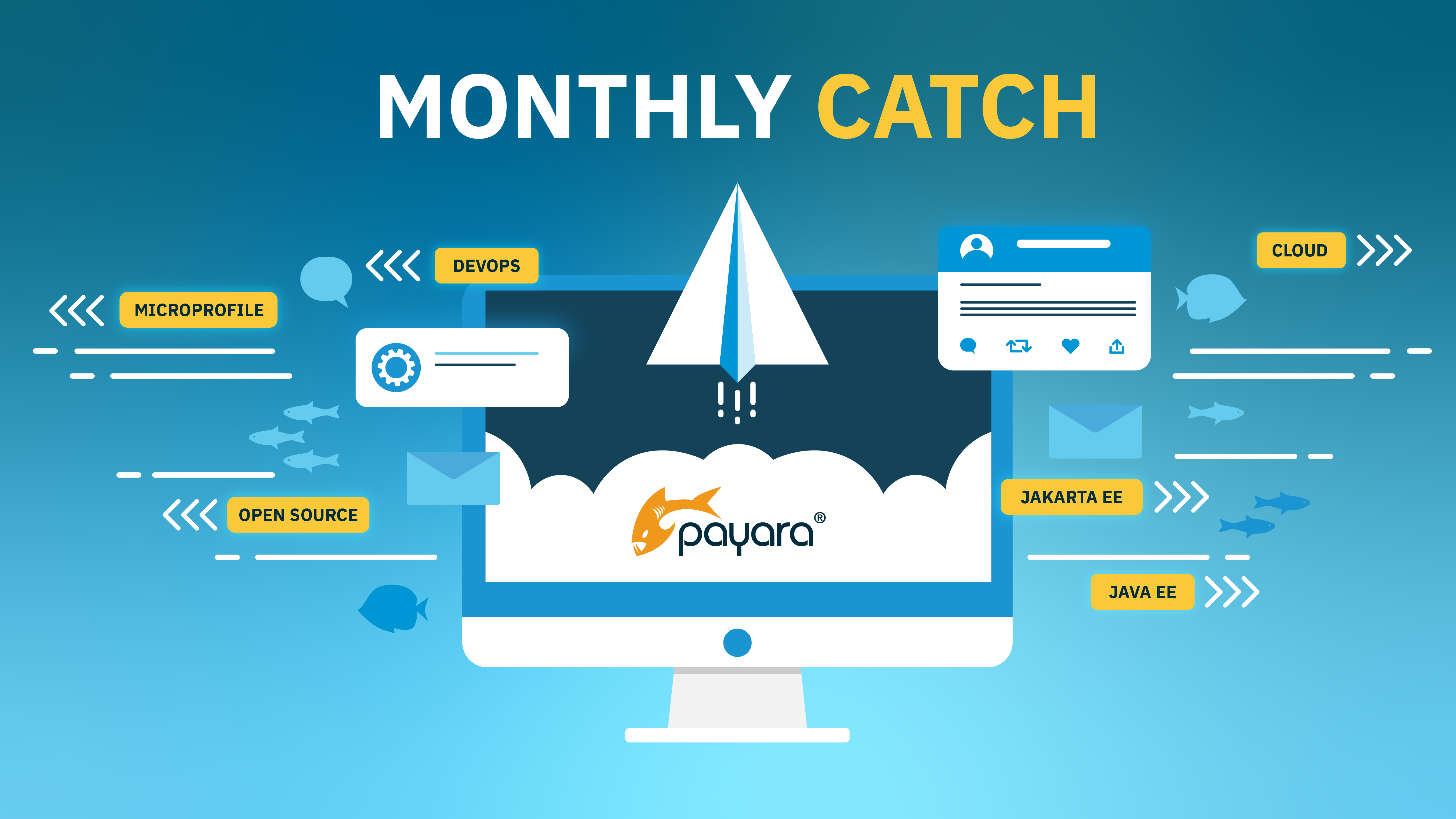 Text 'Monthly Catch' Payara Logo on a laptop
